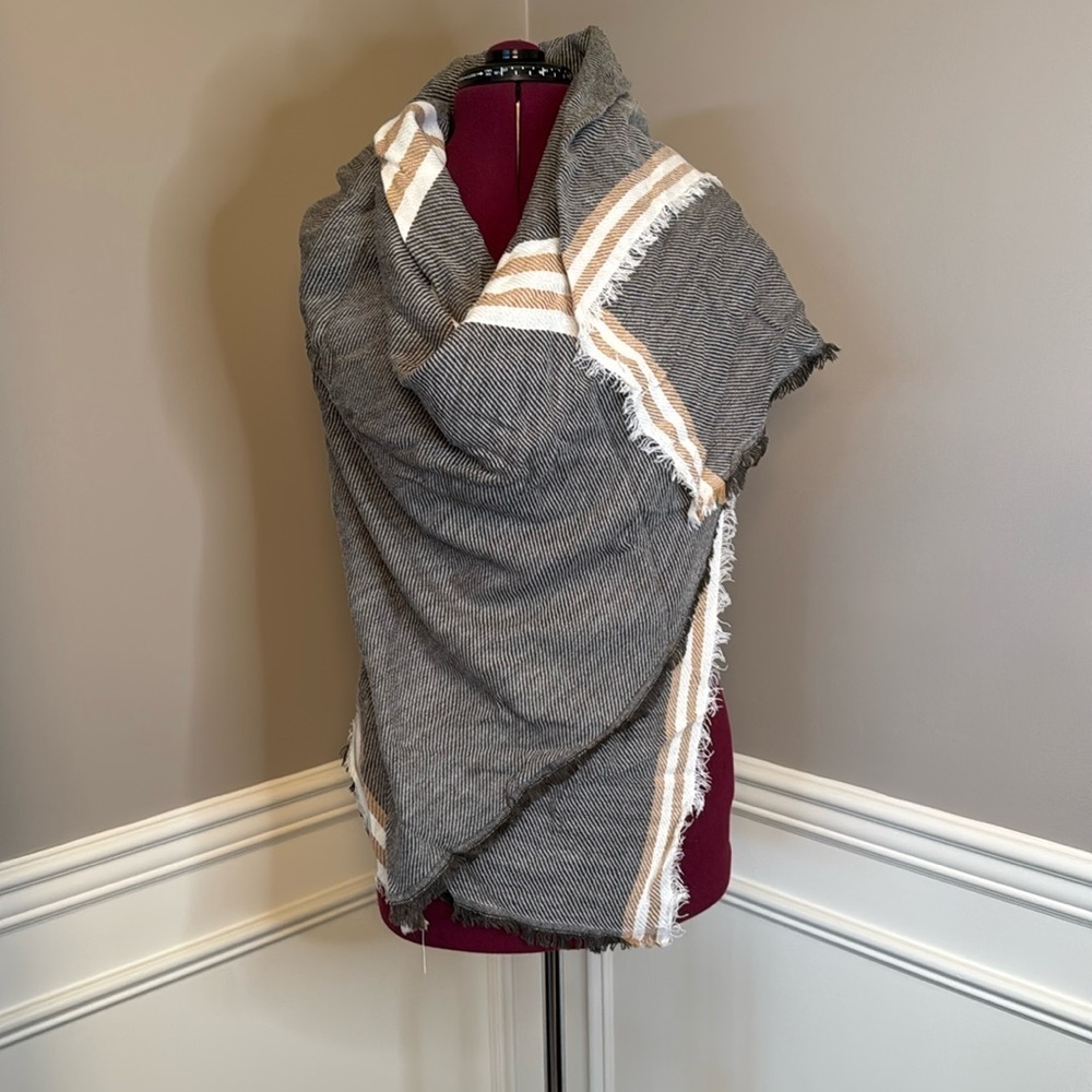 Black, white, and camel brown blanket scarf 